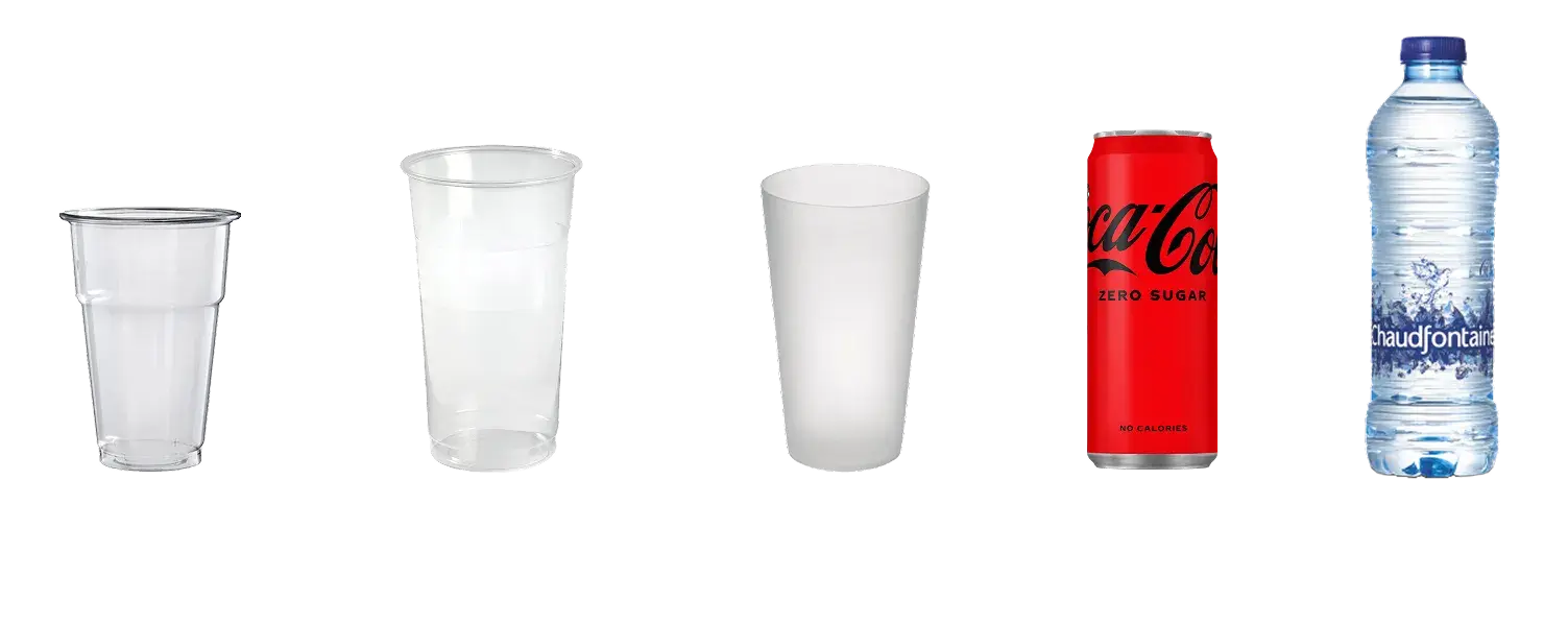 Hardcup, softcups, blikje en PET-fles naast elkaar